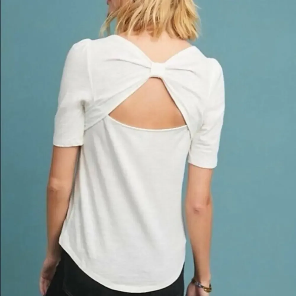 Meadow Rue Anthropologie White Bow Back Tee Puff Sleeve Top Size S